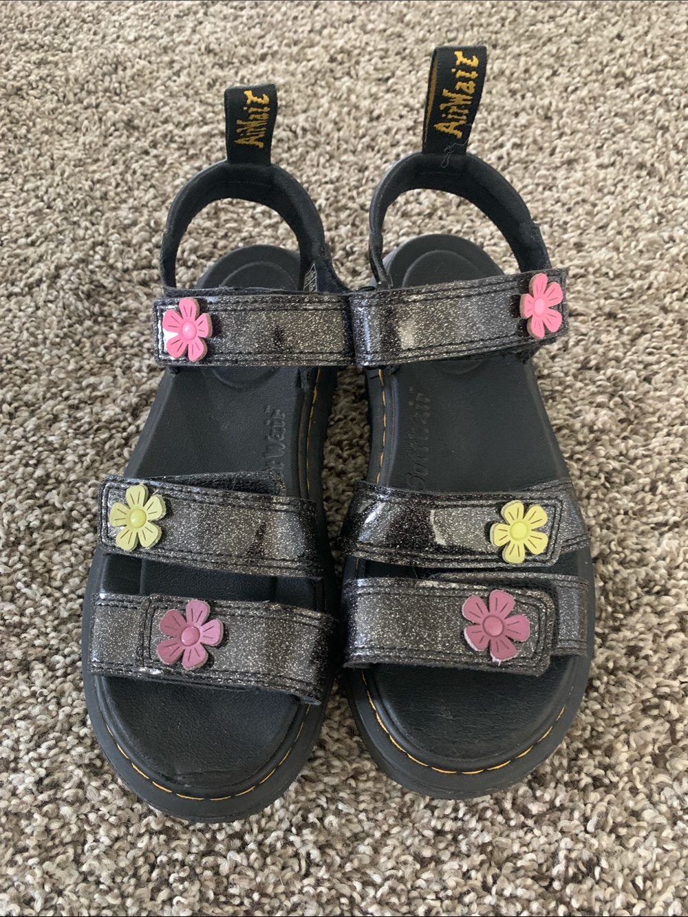 Dr. Martens Glitter Black Kids Sandals with Pink & Yellow Flower Accents